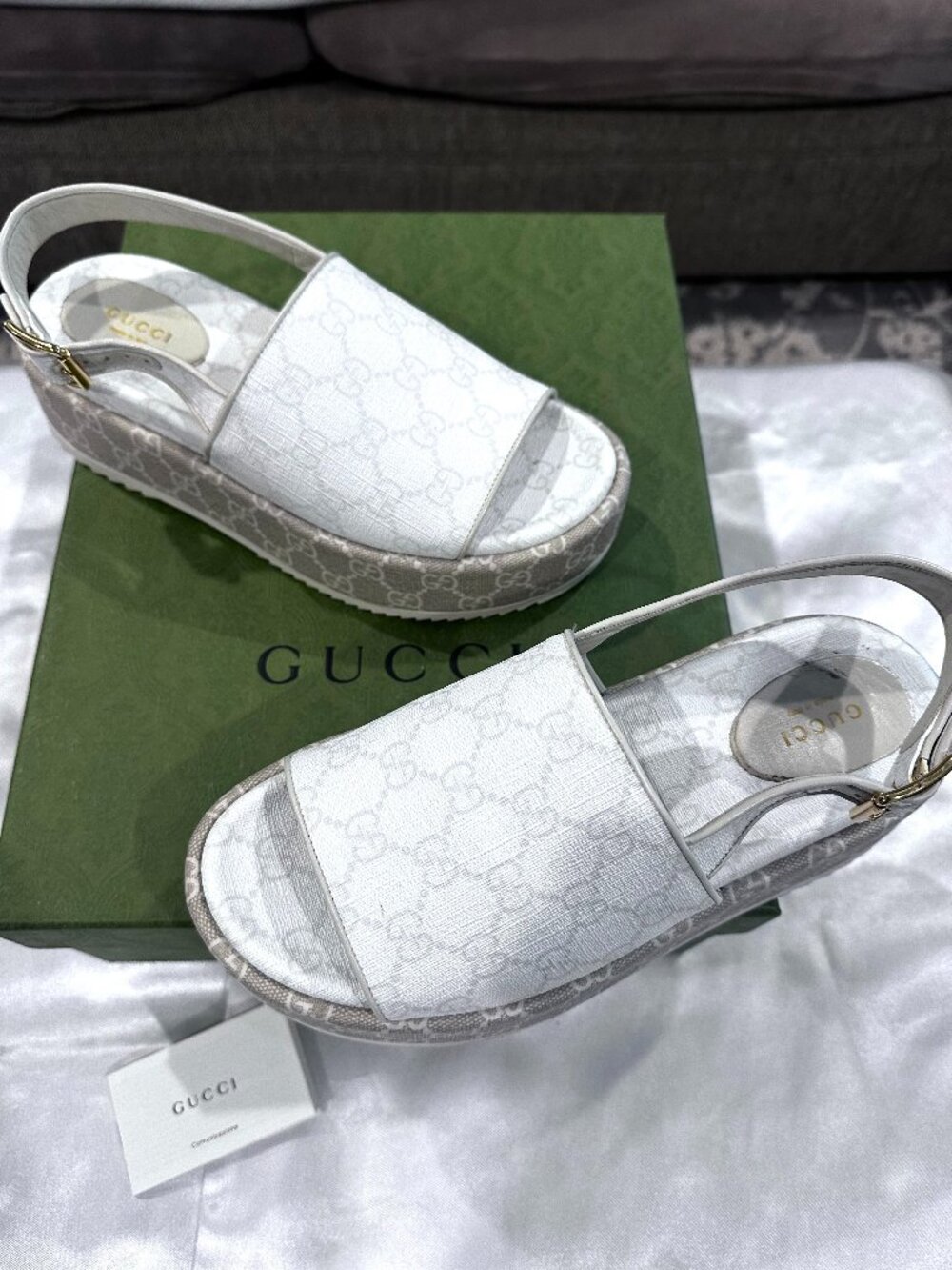 Gucci GG Supreme Monogram Canvas, Granada Kid Leather Sandals Size 38/US Size7